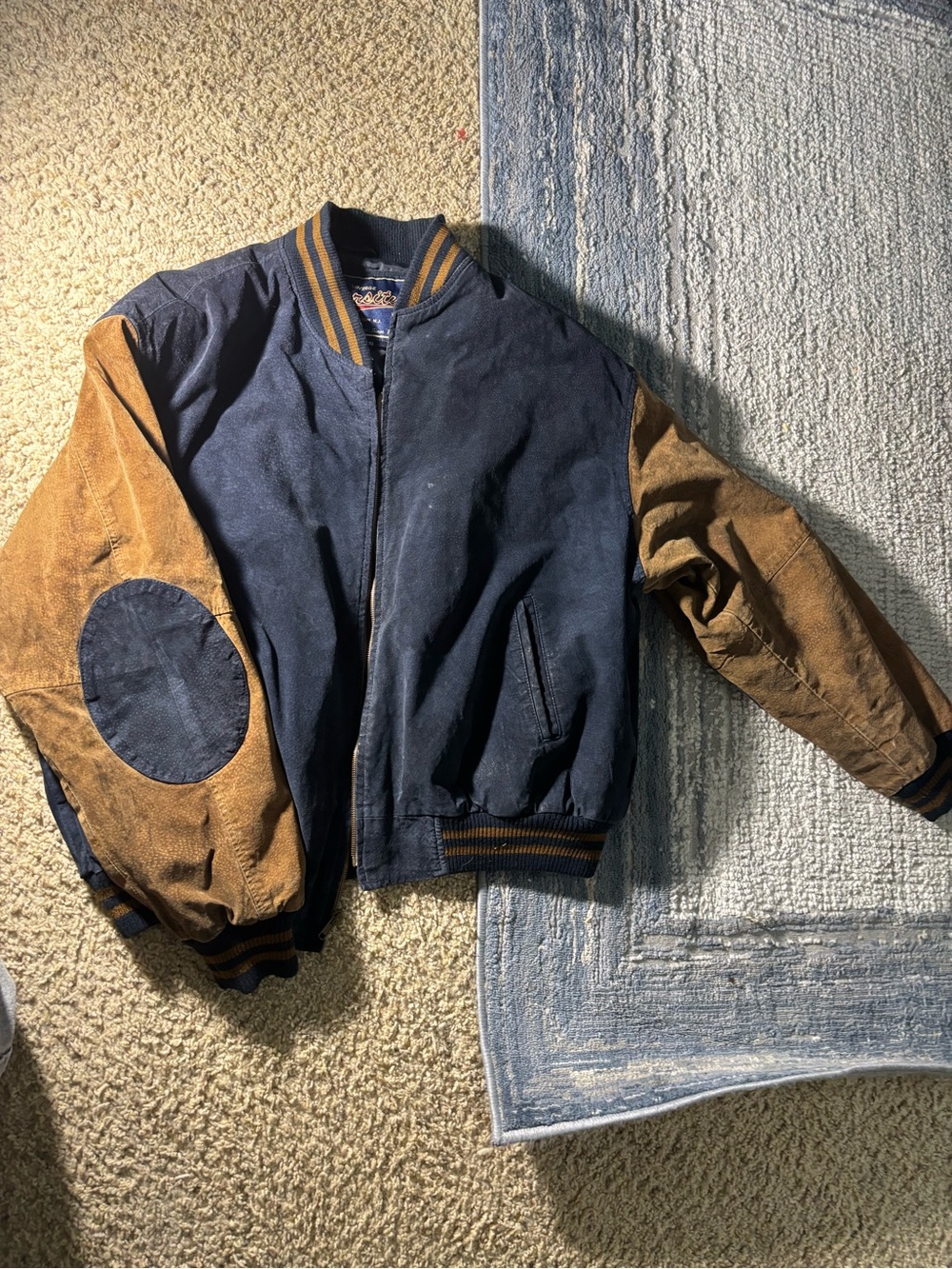 Varsity Navy and Brown Two-Tone Bomber Jacket 100% leather